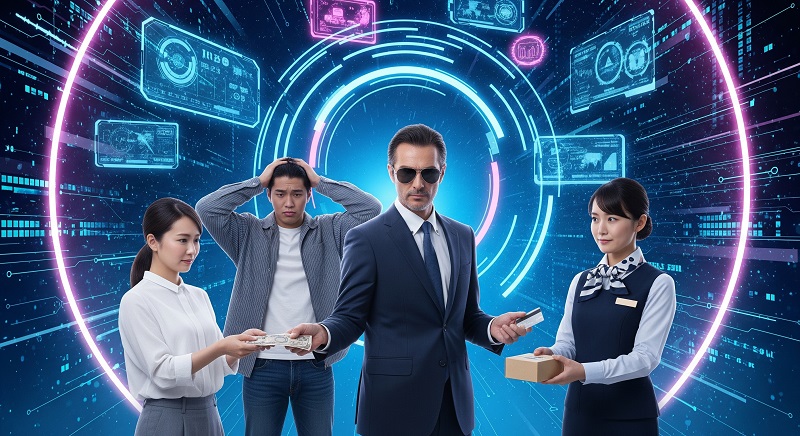 ショッピング詐欺を進化させた「トライアングレーション詐欺」のイメージ。偽ショップを開設している詐欺師が、商品の購入者と正規の販売業者の中間にいて、不正を行っているかたちです