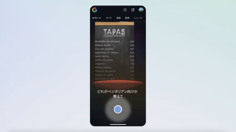 スペイン語で書かれたレストランのメニューの写真を撮影し、「このメニューが何かわからないんだけど、どれがベジタリアン向けか教えて」と検索することで、各メニュー名の内容のほか、ベジタリアンでも食べられるメニューが紹介される