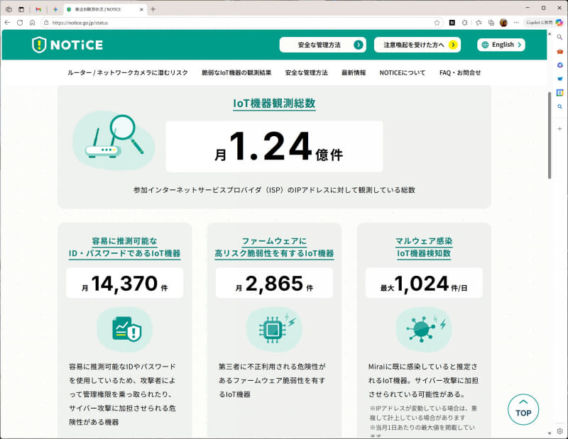 総務省のNOTICEによって検出された乗っ取りの可能性があるIoT機器。出典：<a href="https://notice.go.jp/status" class="strong bn" target="_blank">NOTICE</a>