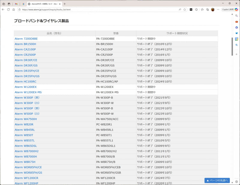 Atermシリーズのサポート期間。このようにメーカーのサイトでサポート状況を確認できる。出典：<a href="https://www.aterm.jp/support/inquiry/hoshu_list.html" class="strong bn" target="_blank">Atermのサポート期間について（NECプラットフォームズ）</a>