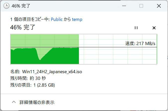 ファイルコピー中にネットワークを切断。画面のグラフが落ち込んでいる部分が停止中。フェイルオーバー処理完了後、ファイルのコピーが継続された