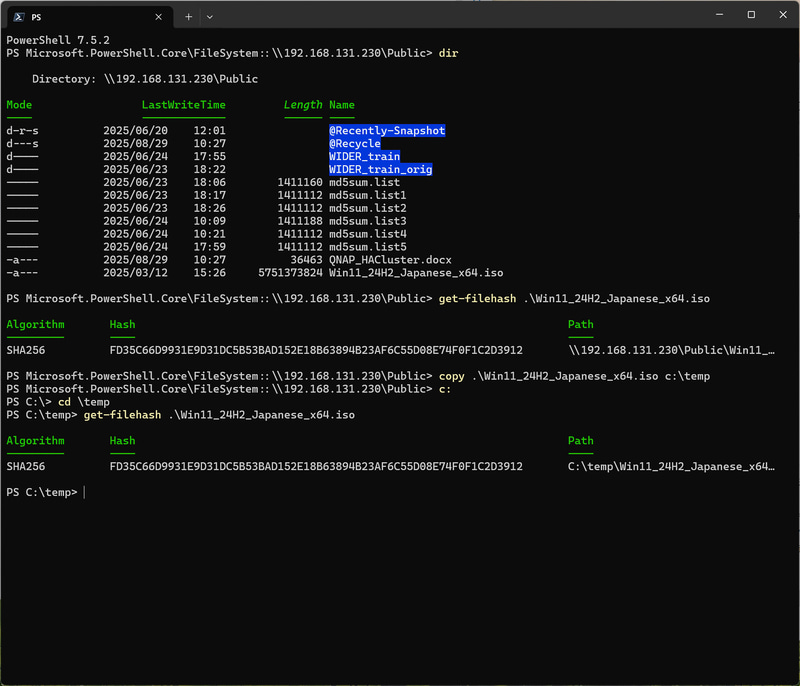 NAS上のファイル上と、コピー後のPC上のファイルのハッシュ値。途中でフェイルオーバーしてもファイルは同一のままだった