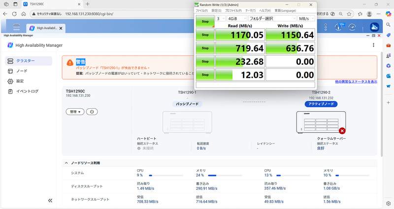シーケンシャルライト中も同じくフィルオーバー処理完了後、問題なくベンチマークテストが継続された