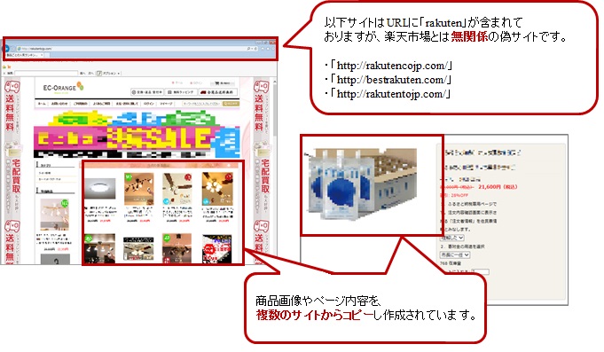 「コンボスクワッティング」による楽天の偽サイトのURLの例が公開されています（楽天の<a href="https://ichiba.faq.rakuten.net/detail/000010716" class="strong bn" target="_blank">注意喚起ページ</a>より）
