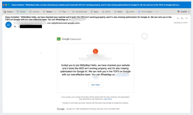 「Google Classroom」を狙ったフィッシングメールの例（画像は、チェック・ポイント・ソフトウェア・テクノロジーズの発表資料より）