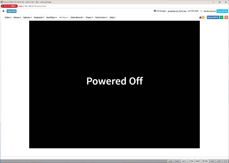 右上の「CD Image」でProxmox VEのインストール用ISOイメージを接続