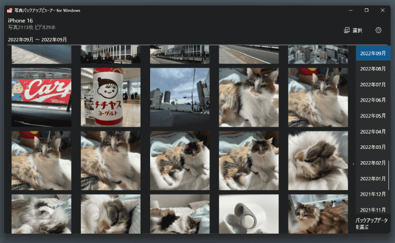 このようにサムネールで確認できる。選択してダウンロードすることも可能。右下の［バックアップデータを選ぶ］でバックアップデータ選択画面に戻ることができる