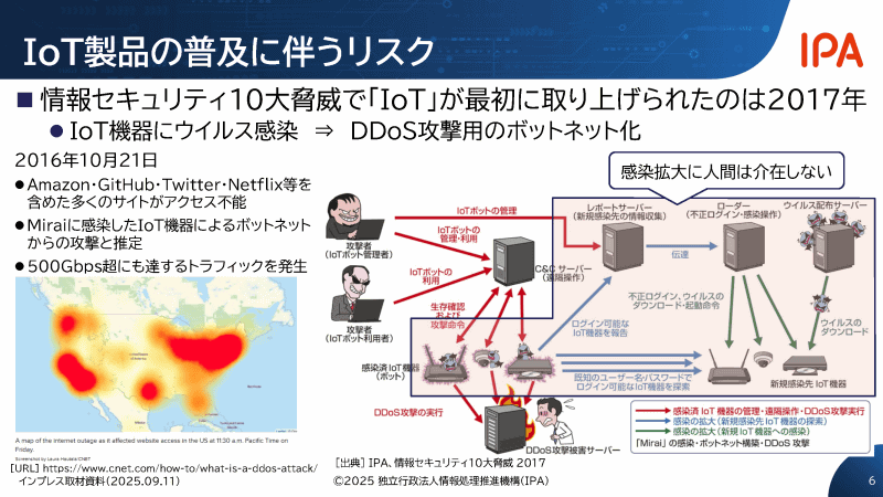 IoT機器を狙うMiraiなどのマルウェア（ウイルス）は、感染したIoT機器を操ってネットワーク内の機器へ不正ログインを試行し、IoTボット化（乗っ取り。攻撃者の意のままに操られる機械という意味で「ボット」と呼ぶ）しようとする
