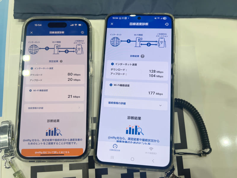 左が2.4GHz帯、右が5GHz帯のWi-Fiに接続したスマートフォン。5GHz帯に接続した方の通信速度が高くなっている