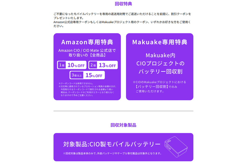 CIO製モバイルバッテリーの場合回収の数が1個で10％、2個で13％、3個以上で15％オフのクーポンがもらえる
