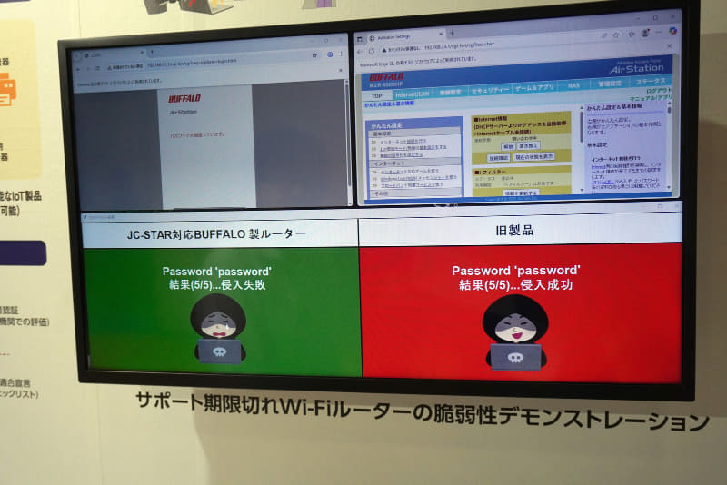 新旧モデルで不正ログインを試して、結果を比較するデモンストレーションの様子。旧型モデルは共通でよくある初期パスワードが設定されているため、利用者が変更しないと容易に不正ログインされてしまう