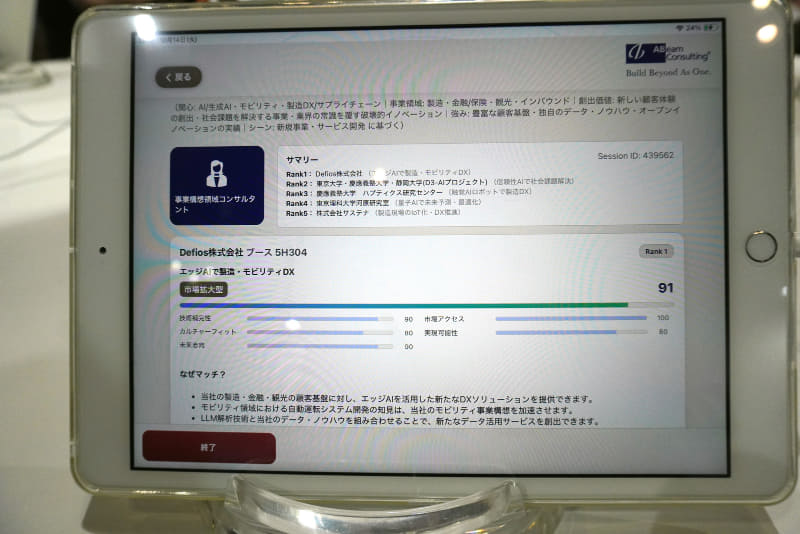 スコアや理由とともに「共創」の可能性がある企業をピックアップ