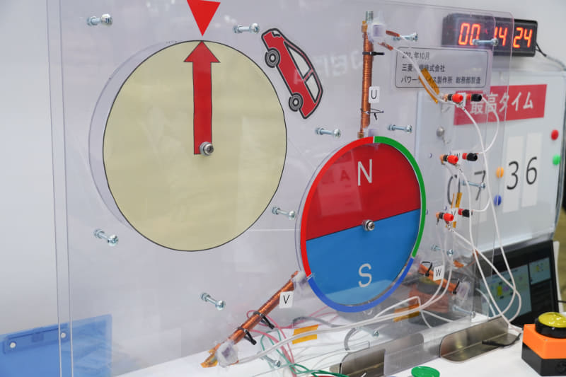 永久磁石同期モーターの仕組みをそのまま再現し、本来ならパワー半導体で電磁石のオンオフを切り替えるが、その動作を人間がなりきってみて、仕組みを体感する