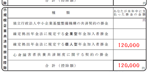 個人型年金加入者掛金に証明書の合計金額を記入
