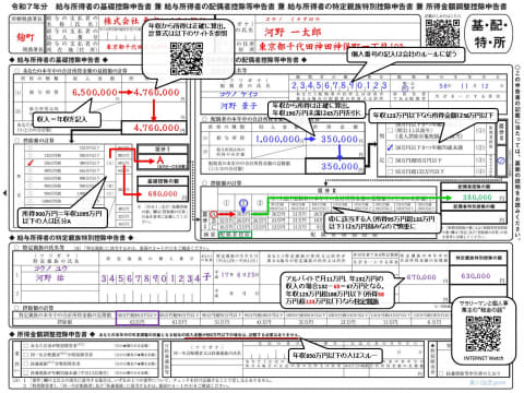 年末調整の書き方 必要書類の記入例と簡単な計算方法【2025年(令和7年分)まとめ】基礎控除申告書の収入・所得金額、生命保険控除などの記入手順を図解 今すぐ読みたい注目記事の扉絵:「令和7年分 給与所得者の基礎控除申告書 兼 給与所得者の配偶者控除等申告書 兼 給与所得者の特定親族特別控除申告書 兼 所得金額調整控除申告書」の記入例