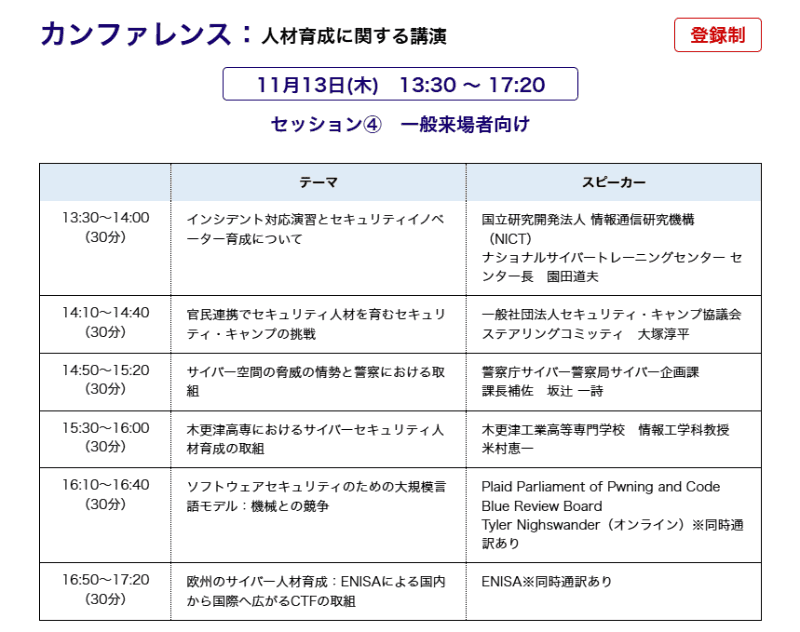 カンファレンスのタイムテーブル