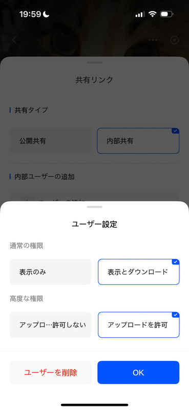 ［表示とダウンロード］と［アップロードを許可］を選択して［OK］をタップ。前の画面に戻るので、［今すぐ共有］をタップする