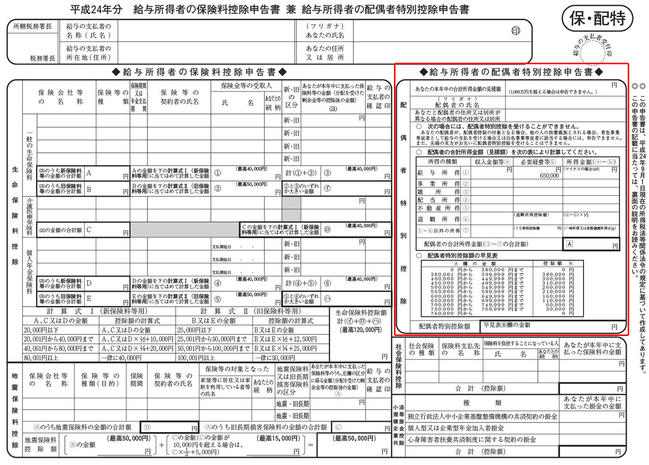 「平成24年分 給与所得者の保険料控除申告書 兼 給与所得者の配偶者特別控除申告書」。この年から生命保険料控除に新制度・旧制度の区分、介護医療保険料の欄が追加された。配偶者特別控除申告書は右側上段に欄があった。平成24年（2012年）から平成29年（2017年）までこのフォーマット