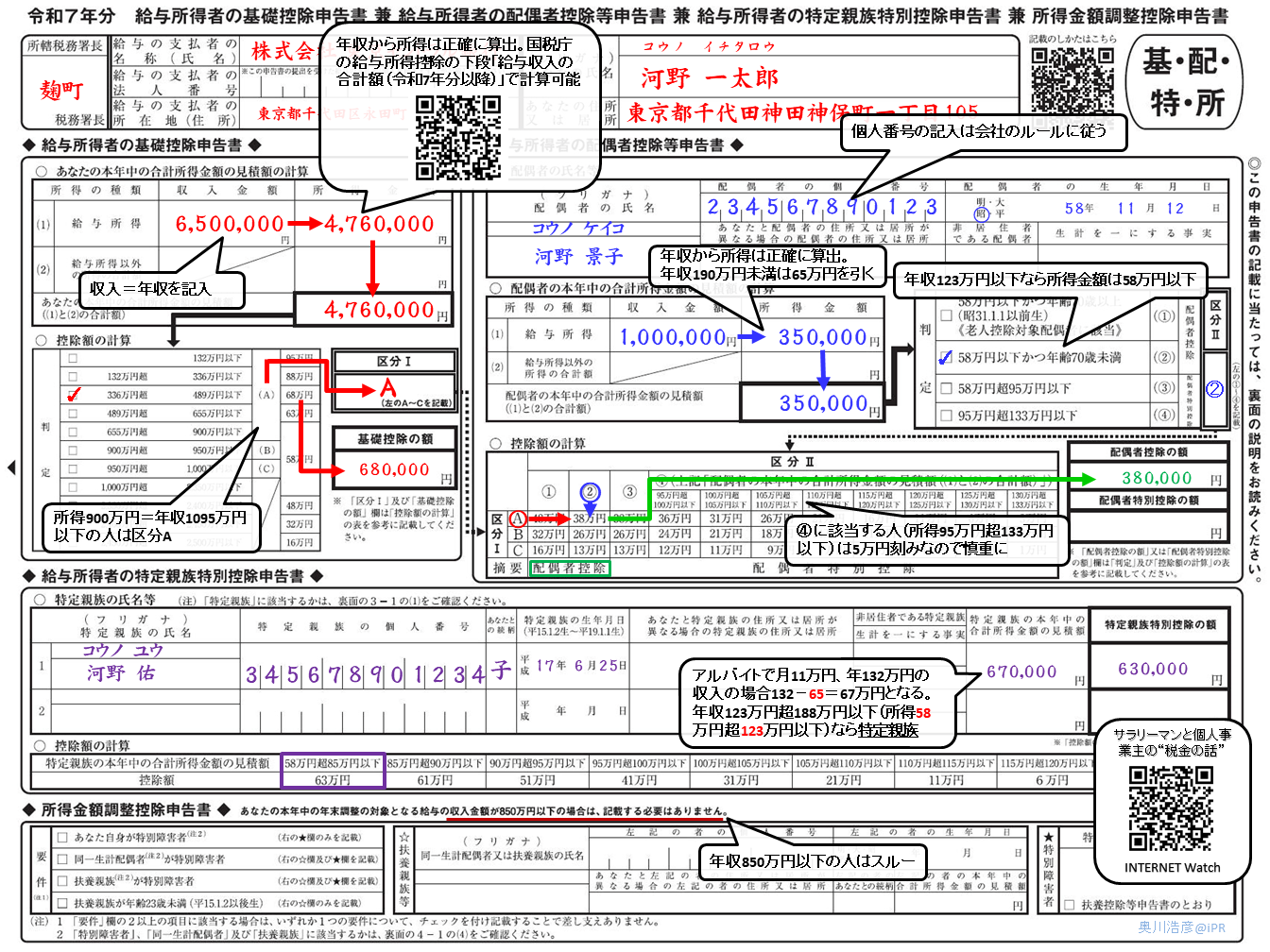 「令和7年分 給与所得者の基礎控除申告書 兼 給与所得者の配偶者控除等申告書 兼 給与所得者の特定親族特別控除申告書 兼 所得金額調整控除申告書」の記入例<br><strong>※記入例の画像はクリック／タップで拡大。さらにPCで閲覧している場合は、拡大画像の左上にある「＋」アイコンをクリックすると、より高解像度な元画像を表示できる</strong>