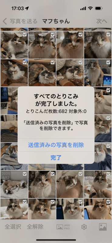 転送完了。ここで「おもいでばこ」に取り込んだ写真と動画をスマートフォンから削除することもできる