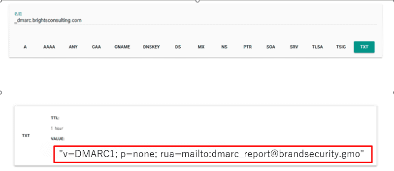 DMARCレコード設定例（p=none、RUA送信先指定）