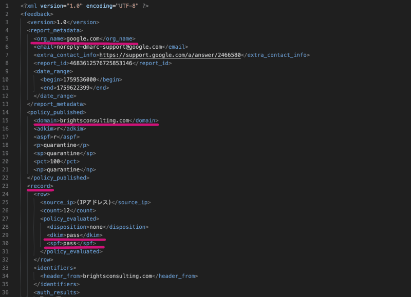 DMARC集計レポート（XML形式）の一例（Googleより送信されたレポート）