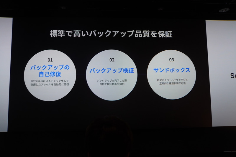バックアップデータの自己修復機能、バックアップデータの検証機能、サンドボックでの復旧訓練機能