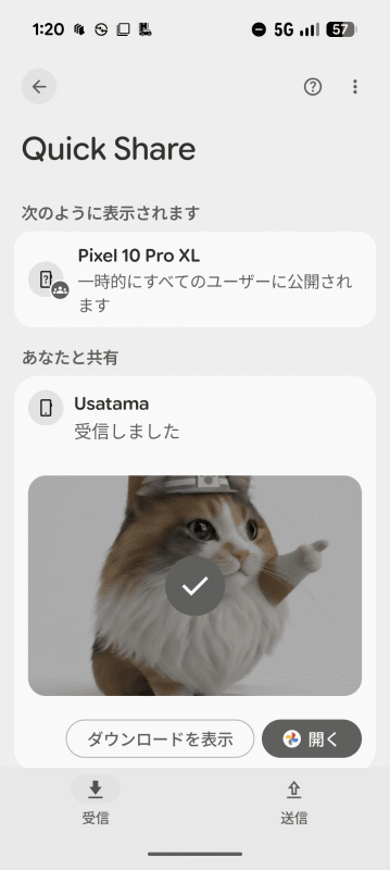 【Android】受信が完了した。「ダウンロード」フォルダに保存されているので、適宜「フォト」に移動しておこう