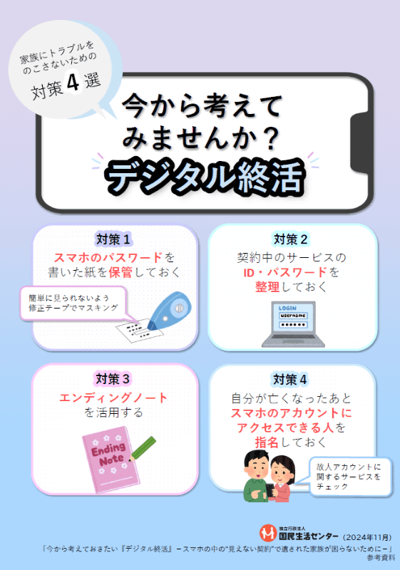 国民生活センターが2024年11月（左）と2025年2月（右）に発表した、デジタル終活を勧める文書