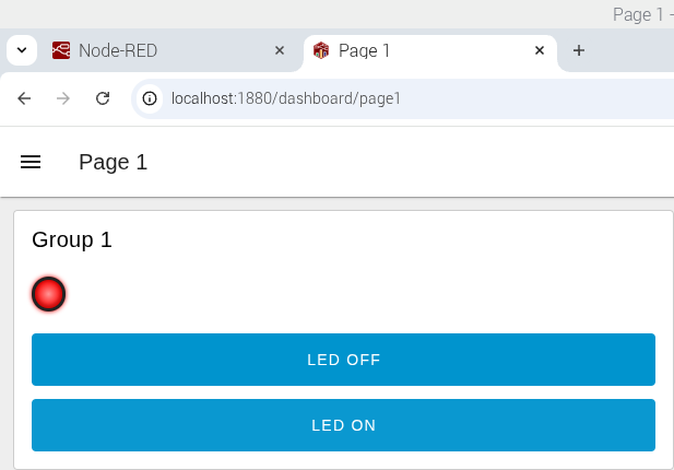 ［LED ON］をタップすると、ブレッドボード上のLEDが点灯する