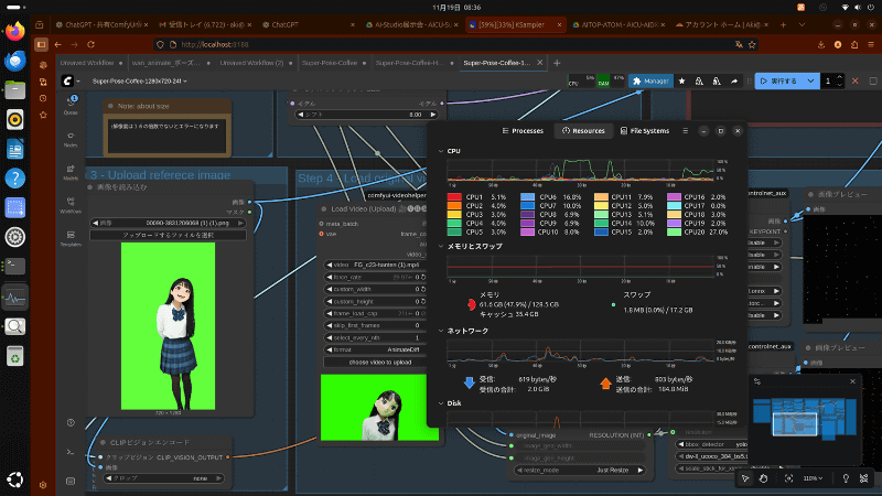 ComfyUI動画生成も安定して動作する。画面は、合同会社ズーパーズースと白井氏が共同で開発している、AIロトスコーピングという手法で実写映像をベースに生成するアニメーション。CPUやメモリの使用状況にも注目