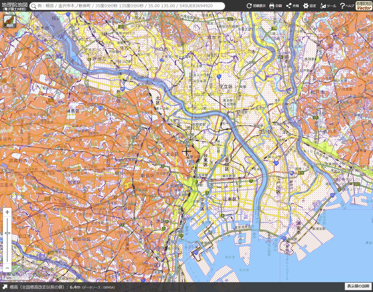 <a href="https://maps.gsi.go.jp/" class="strong bn" target="_blank">「地理院地図」</a>で表示した土地条件図（数値地図25000・土地条件）