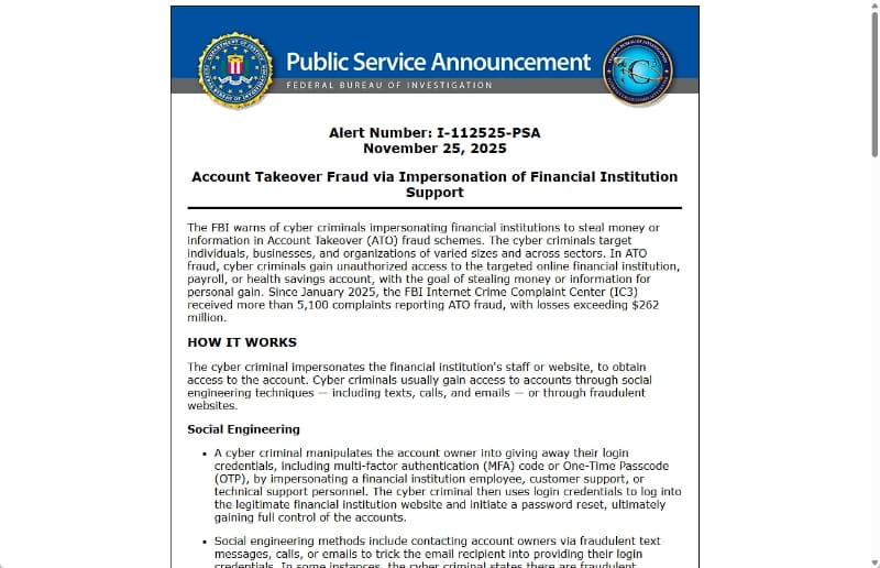 11月25日、FBIはアカウント乗っ取り詐欺に関する注意喚起を行いました