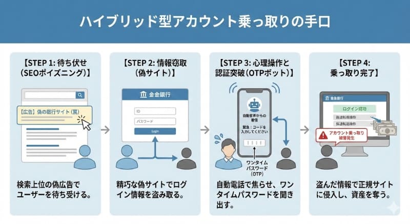 「SEOポイズニング」や「OTPボット」などを組み合わせた“ハイブリッド型”のアカウント乗っ取りの流れ