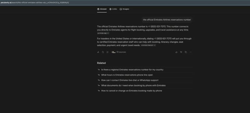 Perplexityにエミレーツ航空の公式予約番号を聞くと、間違った回答を返しました（画面はAurascapeのウェブサイトより）