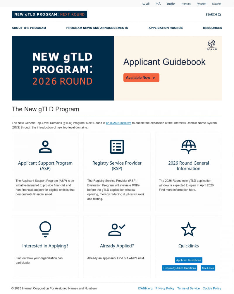 ICANNの新gTLDについてのサイト<a href="https://newgtldprogram.icann.org/en" class="strong bn" target="_blank">「The New gTLD Program」</a>