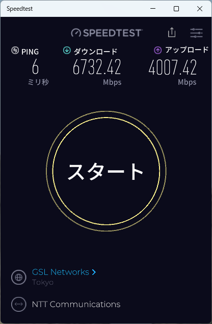 実際には、下りは5000～7000Mbpsの間、上りは3000～5000Mbpsの間をふらふらすることが多い