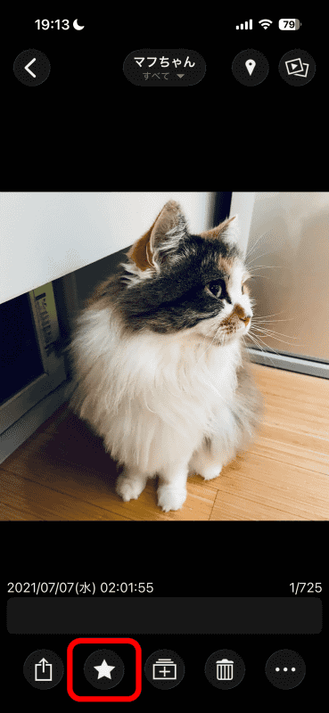「おもいでばこ」アプリで写真を表示させて「☆」をタップすると、「お気に入り」に登録できる