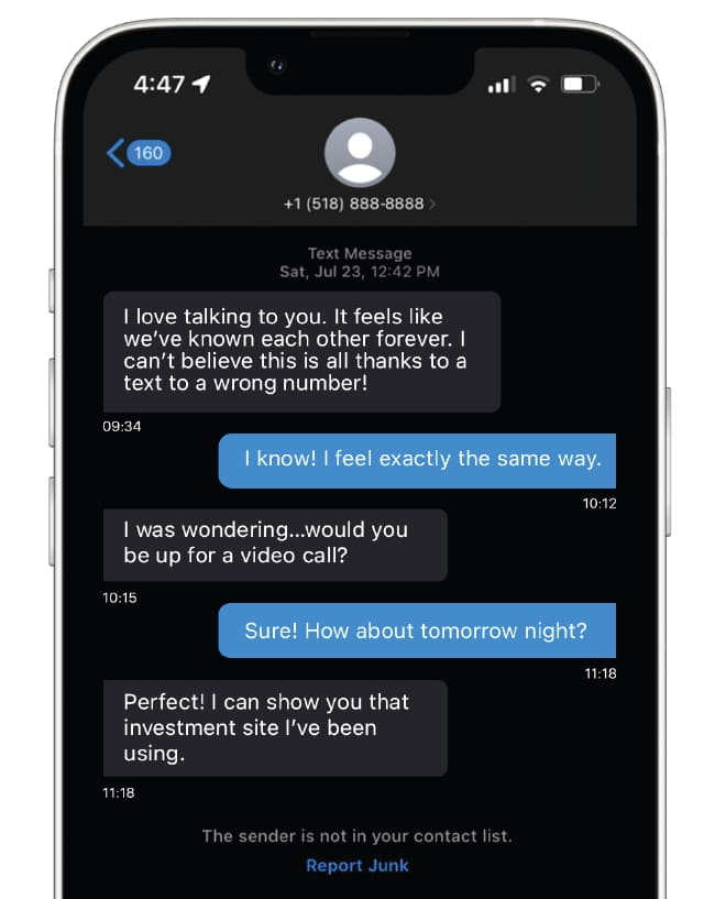 偶然を装い、親密な会話から投資サイトへ誘導する、ロマンス詐欺の典型的なチャット例です（画像は「Trend Micro Consumer Cybersecurity Report：2026 Scam Predictions」より）