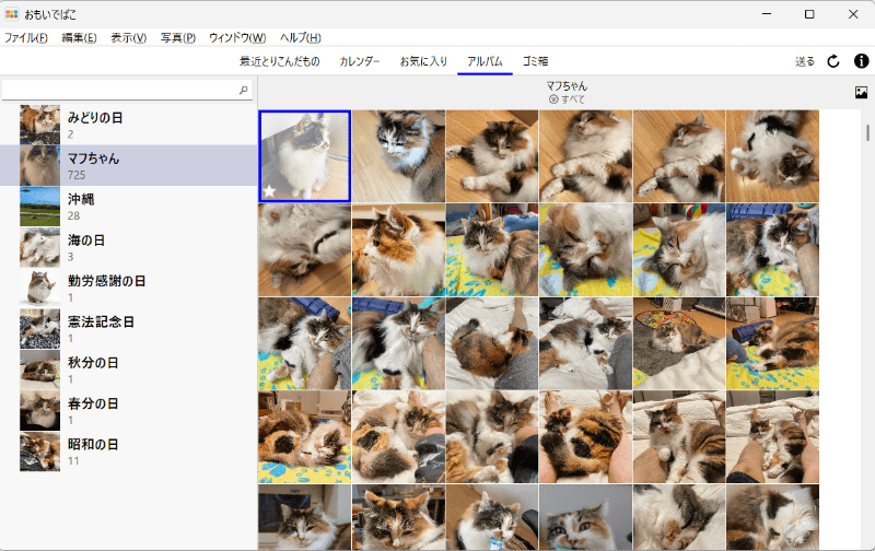 このように「おもいでばこ」に保存している写真を一覧で確認できる