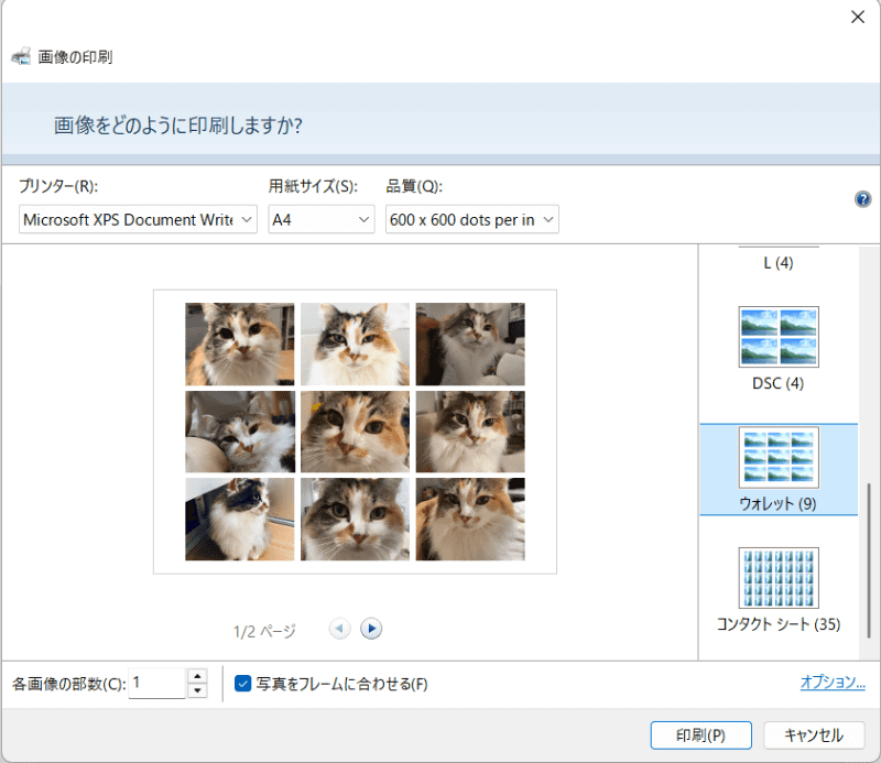 その後「Ctrl」+「P」キーで印刷できる。こんな感じのコンタクトシート印刷をするのもお手のもの