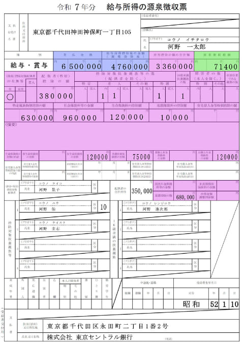 源泉徴収票の3つのパートの色分け