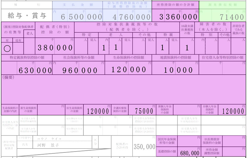 		源泉徴収票の各種所得控除の記載欄