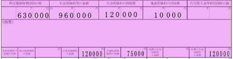 源泉徴収票の「社会保険料金等の金額」「生命保険料の控除額」「地震保険料の控除額」の記載欄