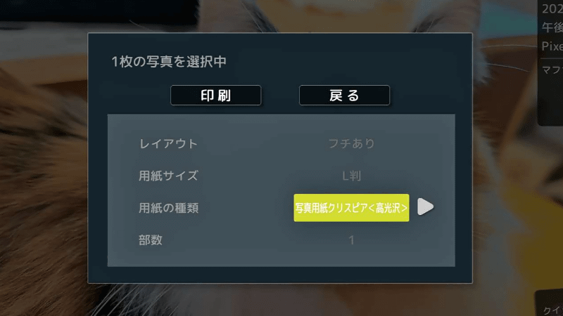 用紙のサイズや種類などを設定し、［印刷］を選択する