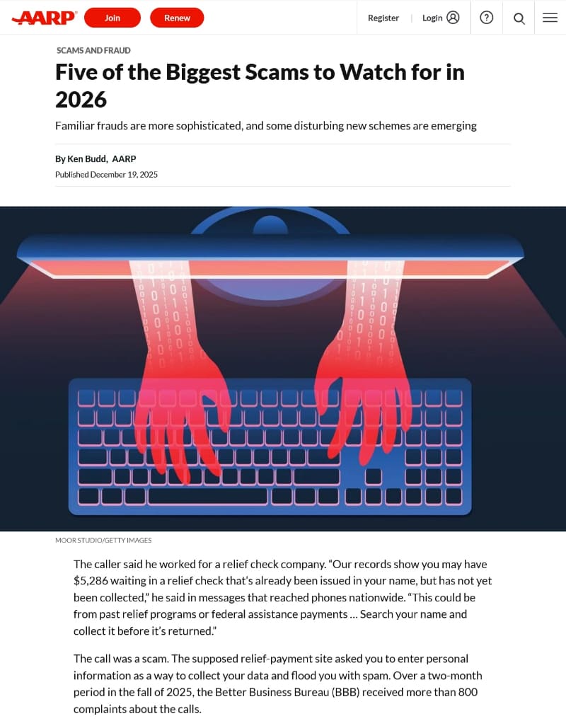 2026年に警戒すべきネット詐欺とは？ AARPが<a href="https://www.aarp.org/money/scams-fraud/biggest-scams-to-watch-for-2026/" class="strong bn" target="_blank">5つの手口について警戒を呼び掛け</a>ています