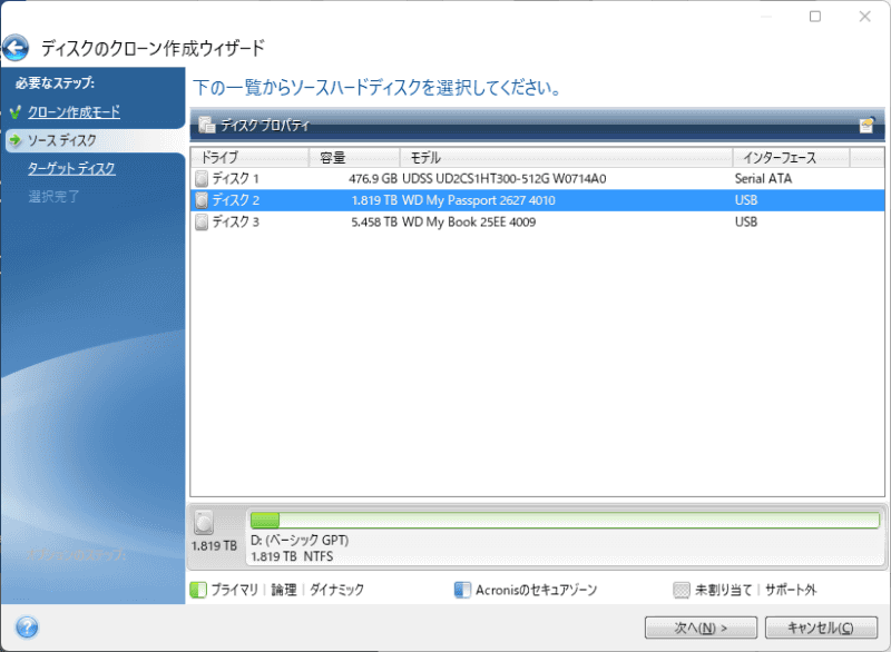 「ディスクのクローン作成ウィザード」を進め、ソース（元）とターゲット（先）のディスクを選択して複製する