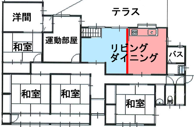1階の間取り図。LDK部分は、図の下側の8畳間と比べかなり広い。キッチン＋ダイニング（ピンク）と和室（ブルー）をカーテン（赤線）で仕切ることにした