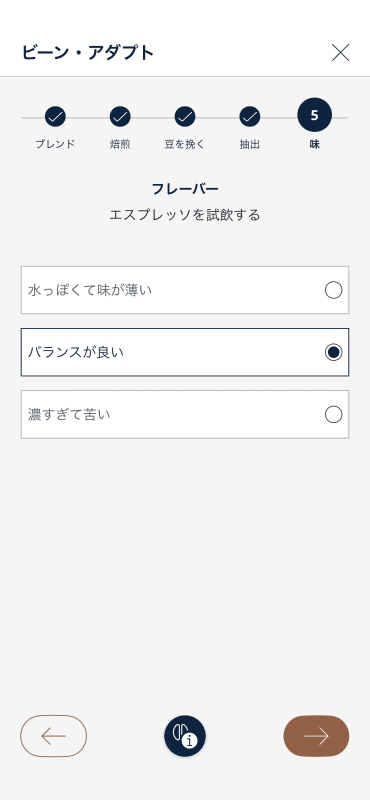 抽出されたエスプレッソを試飲し、味わいの感想を選択する