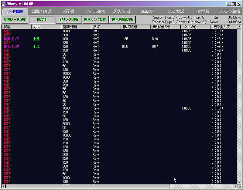 「<a href="https://internet.watch.impress.co.jp/www/article/2003/0131/winny.htm" class="strong bn" target="_blank">２ちゃんねる発のファイル共有ソフト「Winny」公式サイトが閉鎖</a>」に掲載されたWinnyの画面